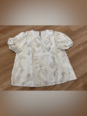 Linen Ivory Sequin Embroidered Puff Sleeve Top